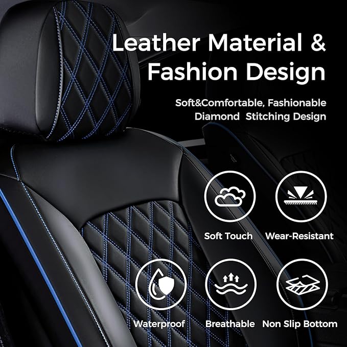 Huidasource Car Seat Covers Front Seats, Leather Front Seat Covers, Truck Seat Covers Universal Fit Front Seat, Airbag Compatible, for Most Cars, Vans, Trucks, SUVs(Front Pair/Black&Blue)