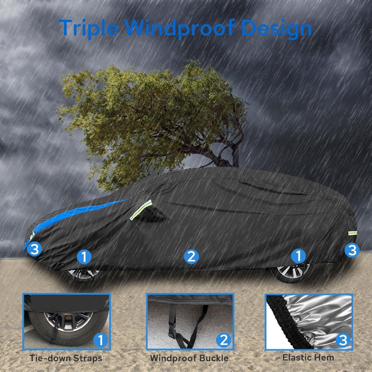 Avecrew Car Cover for Tesla Model 3 2017-2025, Custom Fit Full Exterior Cover with Charging Port and Breathable Ventilation Mesh, Waterproof All Weather Outdoor Rain Snow Sun Protection Cover