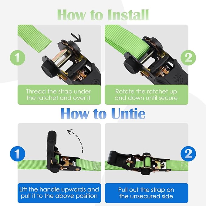 Ratchet Straps 4 Pack - 1,826 Lbs Break Strength 1 in x 15 Ft Medium Duty Ratchet Tie Down Straps with S Hooks Set for Truck, Cargo Van, Trailer, Motorcycle (Green)
