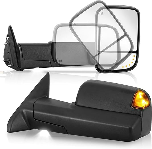 Power Heated Towing Mirror Compatible for 2009-2018 Dodge Ram 1500 2500 3500/2019-2024 Ram 1500 Classic w/LED Turn Signal Light Arrow Light Temperature Sensor -2 PCS (Black)
