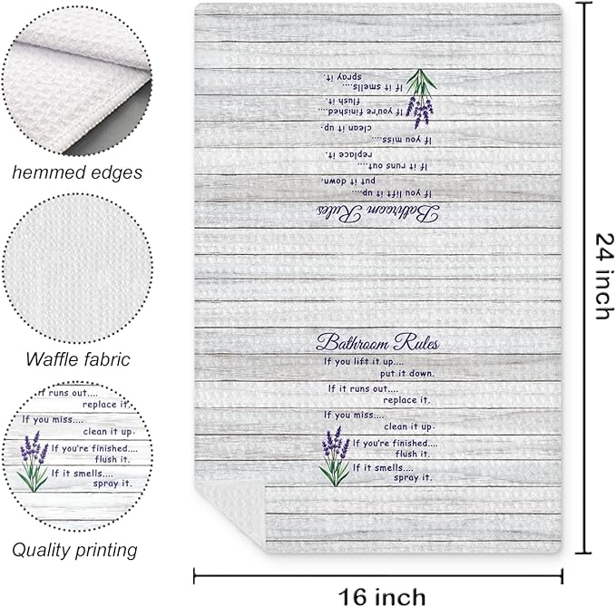 Funny Bathroom Rules Decorative Hand Towels Set of 2, Rustic Farmhouse Hand Towels for Bathroom Decor, 16x24 Inch(Lavender Style)