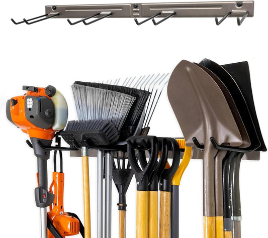 StoreYourBoard Wall-Mounted Rack With 4 Garage Hooks – Heavy-Duty Steel Holder Garage & Garden Storage for Shed, Workshop, or Home Organization – For Rakes, Shovels, Tools & More – 1 Pack, Mud