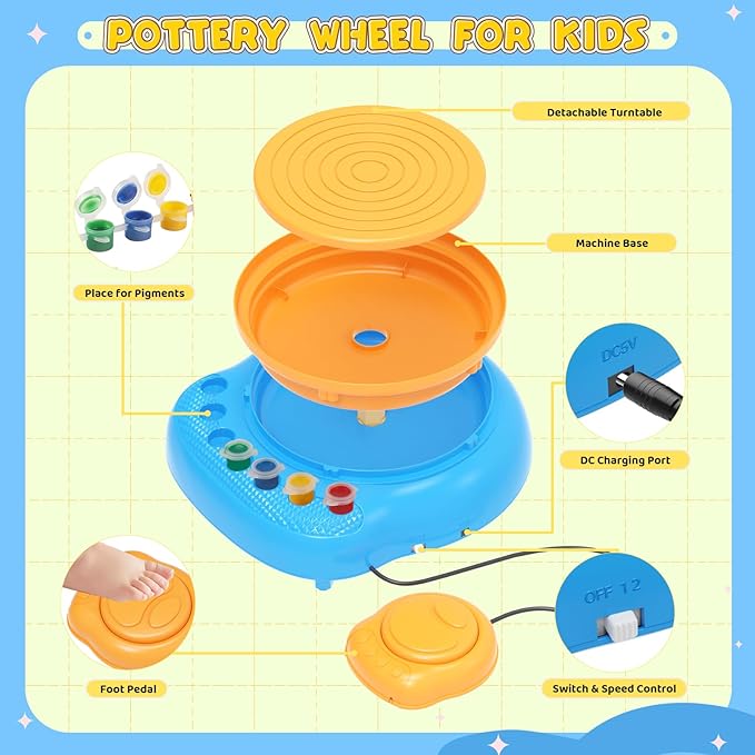 Pottery Wheel for Kids– Complete DIY Pottery Painting Kit for Ages 8-12 Beginners with 4 Air-Dry Clay Packs and Tools, Arts & Crafts Supplies Toys Birthday Gift for Boys Girls 6+ Years Old (Blue)