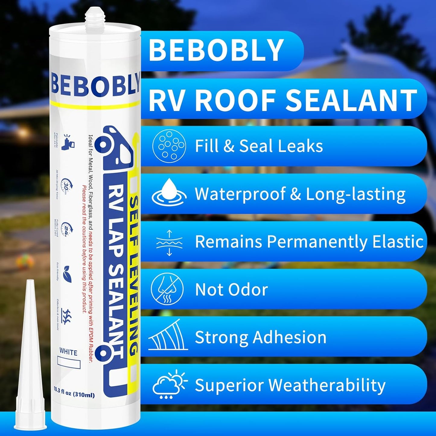 RV Roof Sealant, Self Leveling Lap Sealant White, RV Caulking Sealant Waterproof, Flexible & Non-Cracking, RV Lap Sealant for Camper, Trailer & Motorhome Roof Repair, Secure Odorless (4 Pack)