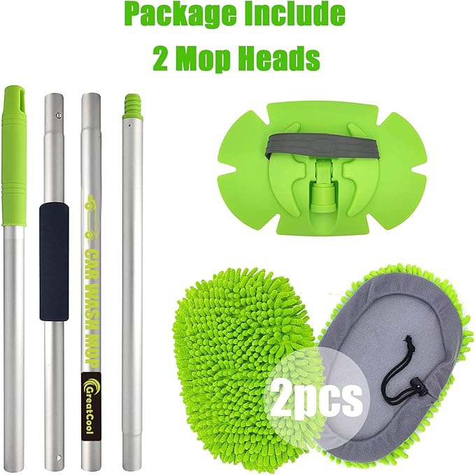 62" Car Wash Brush Mop Kit with Long Handle, 2 in 1 Chenille Microfiber Sponge Mitt Cleaning Detailing Duster for Washing Cars Truck SUV RV Caravans and Household(2 x Mop Head)