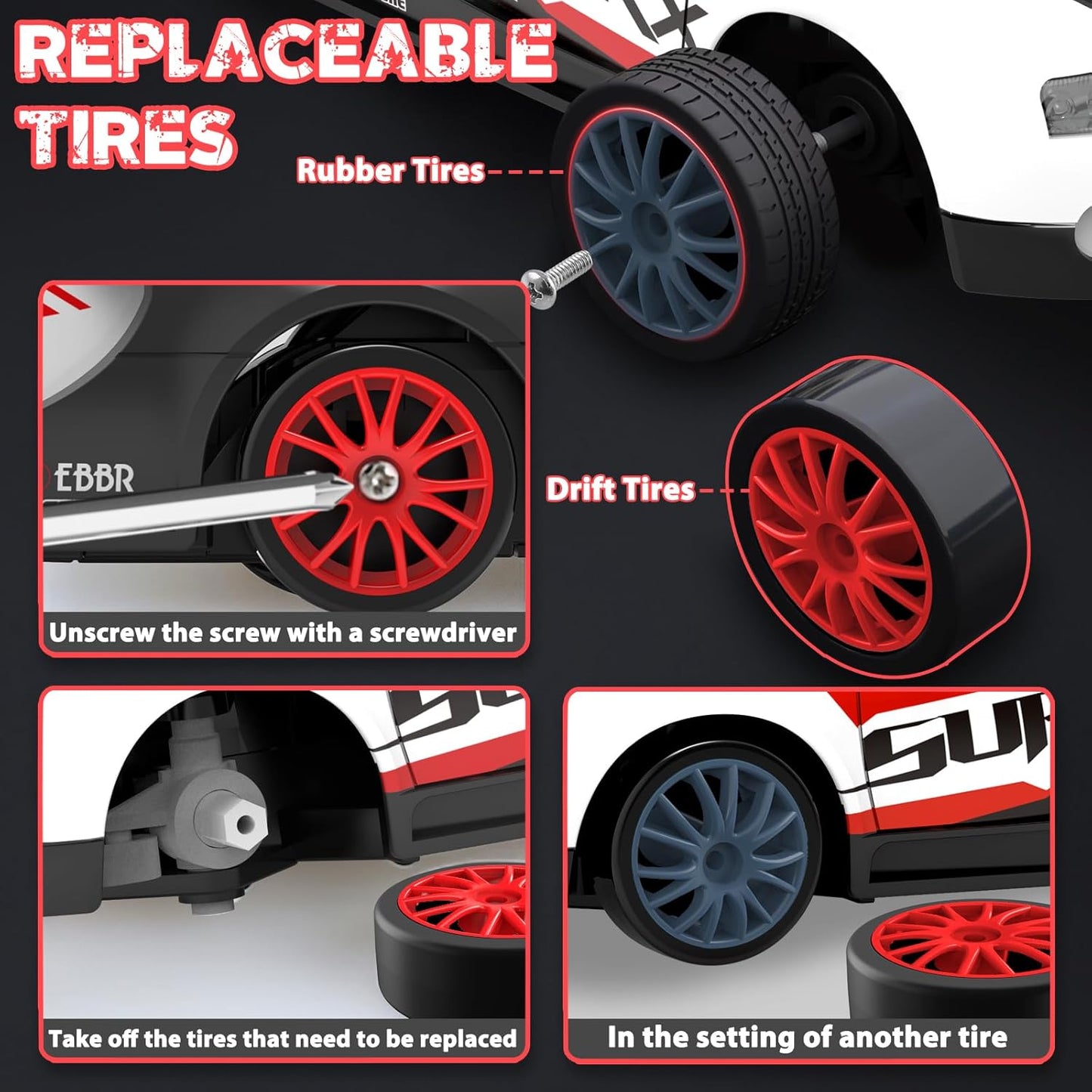 RC Drift Car 2.4GHz 1:24 Remote Control Cars 4WD 15KM/H High Speed Drifting RC Cars with Cool Lights, Two Batteries and Extra Tires Toys Car for Kids Boys Girls Adults, Black