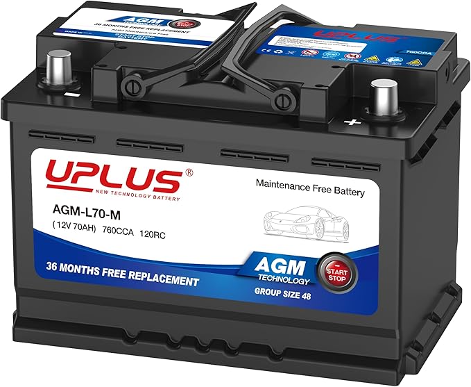UPLUS BCI Group 48 Car Battery, AGM-L70-M Maintenance Free 12V 70Ah Premium AGM Batteries H6 L3 Automotive Battery, 760CCA, 120RC