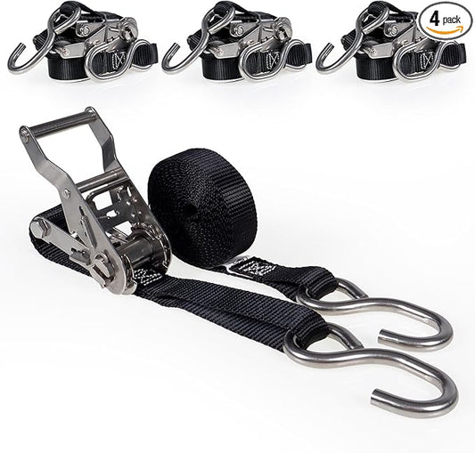 US Cargo Control Stainless Steel Ratchet Straps with S-Hooks 1" X 10' (4-Pack), 765 LBS Break Strength, Marine Tie Down Straps for Boats, ATVs, Trees, Camping, Snow, Saltwater Applications
