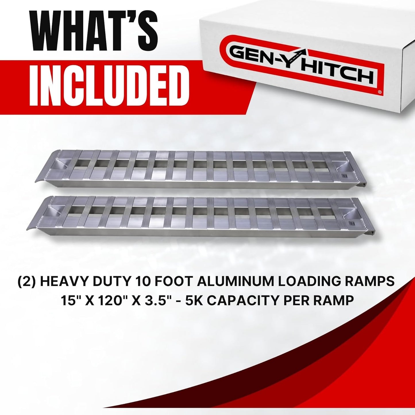 Gen-Y Heavy Duty Aluminum Loading Ramps - Set of 2-10 Foot Trailer Ramps, 10000 lbs Capacity, 15 Inch Wide, Hybrid Hook and Plate Ends, Serrated Cross Rungs for Maximum Traction