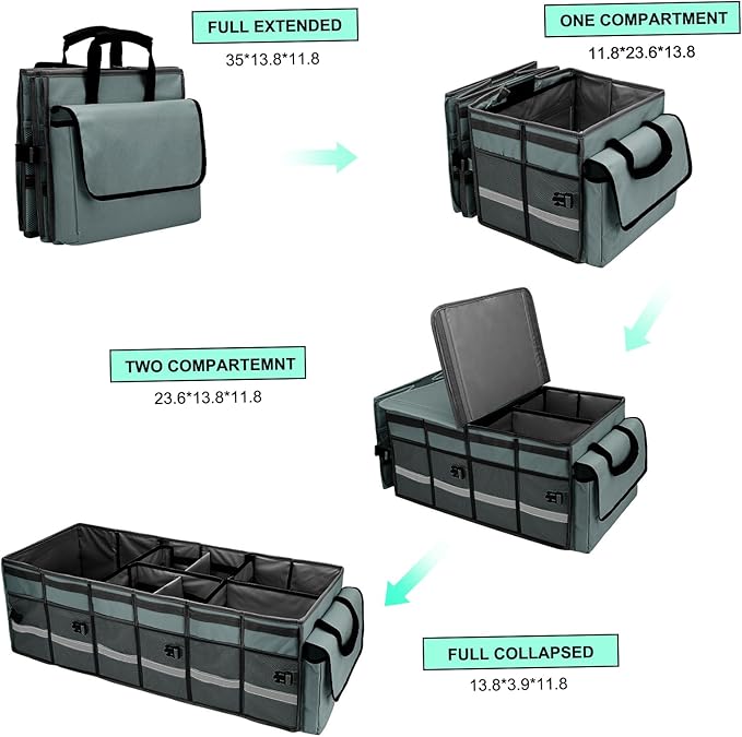Car Trunk Organizer and Storage with Removable Leakproof Cooler Bag, 6 Removable Dividers for Custom Space, Collapsible Trunk Storage with Non Slip Bottom, Foldable Cover for SUV, Jeep, MPVs