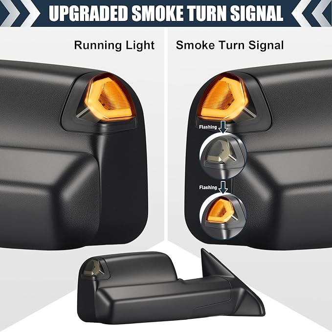 Tow Mirrors Compatible with 2009-2018 Dodge Ram 1500, 2010-2018 2500 3500, Flip Up Extended Trailer Towing Side Mirrors w/Smoked Turn Signal, Power Heated, Black