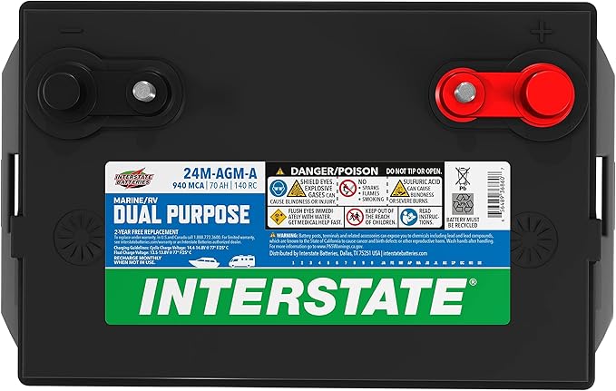 Interstate Batteries Marine/RV Battery 12V 70Ah 750CCA (24M-AGM) Dual Purpose Power Pure Lead AGM RV & Marine Starting Replacement Battery (Group Size 24) Boats, RV's
