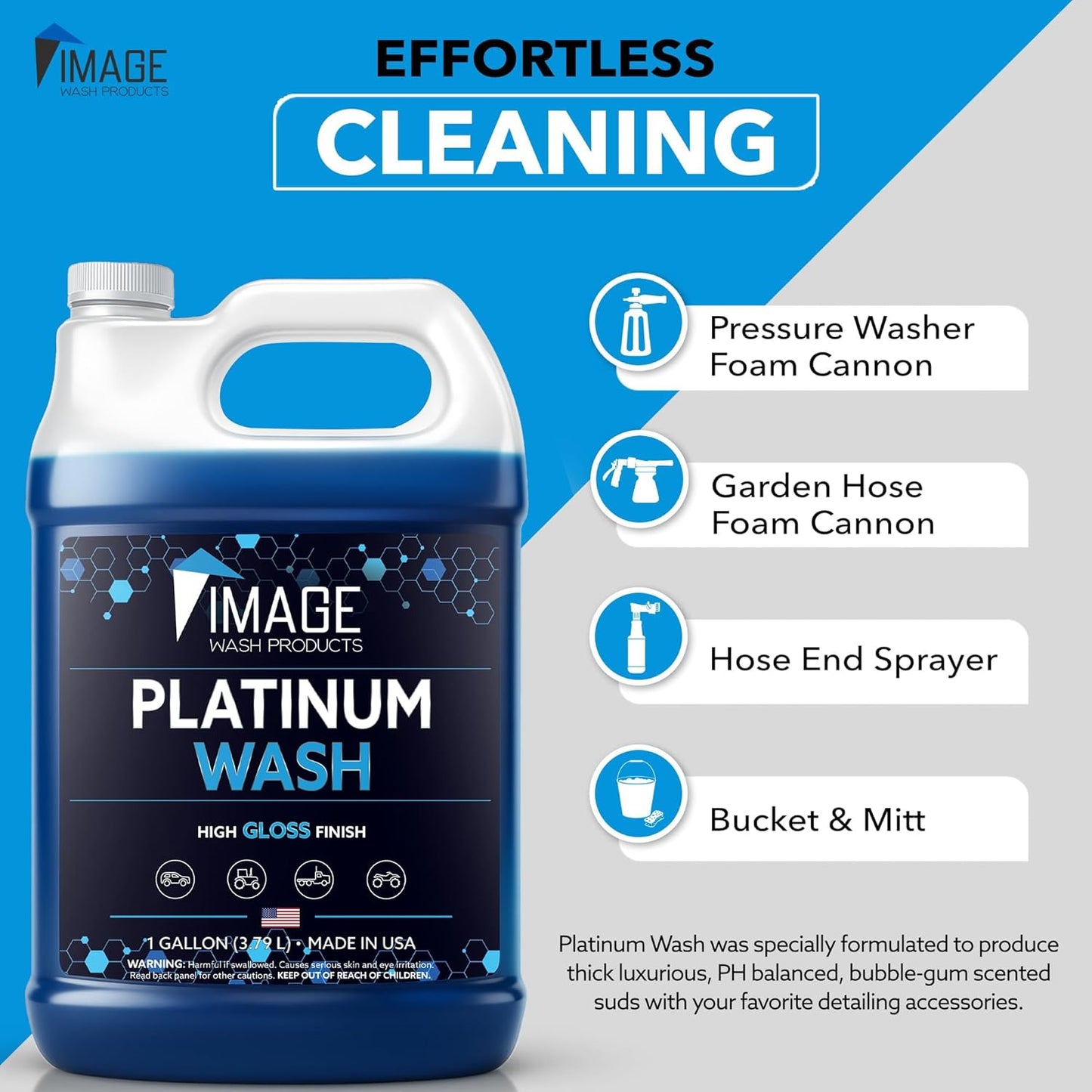 Image Wash Products - (1-Gallon Platinum Wash Car Soap – Car Wash Foam Soap for Foam Cannon & Pressure Washer | High Gloss RV/Truck Wash Soap | Bubble Gum Scent, Detailer Grade Car Soap