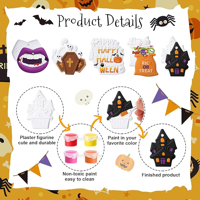 Seenelling 24 Sets Halloween DIY Painting Kits Paint Your Own Ceramics Pumpkin Ghost Unpainted Plaster Statues Arts and Crafts with Brush, Lanyard for Kids Halloween Gifts Party Decor (Fun)