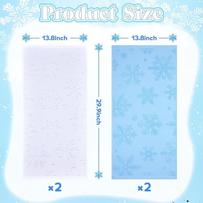 4 Pack 3D Winter Snowflake Bath Towels 14" x 30" Christmas Bathroom Hand Towels Jacquard Absorbent Soft Cotton White Blue Design Kitchen Drying Cleaning Decorative Xmas Holiday