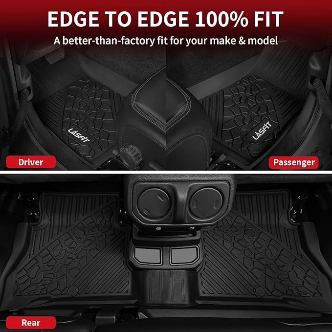 LASFIT Floor Mats for Jeep Wrangler Unlimited 4XE 2021-2024 2025 4 Door Plug-in Hybrid EV-Gas (PHEV), All Weather TPE Custom Fit Car Mats Floor Liners 1st & 2nd Row, Black