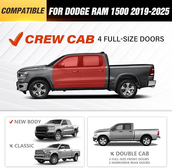 Crew Cab Three Raised Steps Running Boards Side Steps Compatible with 2019-2025 Dodge Ram 1500 Crew Cab New Body Design, Bolt-on Nerf Bar Step Bars, Heavy-Duty Steel Two Stairs Design (Black)