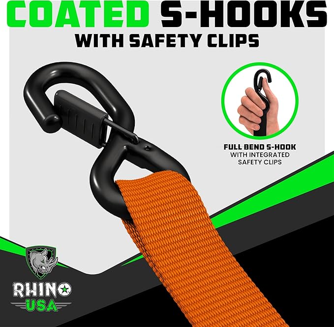 Rhino USA Ratchet Straps Heavy Duty Kit (4-Pack) - 1.6 Inch x 8 Feet Min Break Strength (5,000) - Ultimate Tie Down Straps with Safety S Hooks for Trucks, ATV, UTV, Motorcycle, Cargo & More - Red