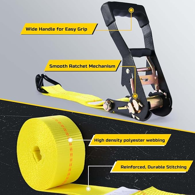 Trekassy Ratchet Straps Heavy Duty (10,000 Lbs Break Strength), Tie Down Ratcheting with J-Hooks, 2" x 15' Cargo Straps for Trucks, Trailers & Moving Appliances - 4 Pack