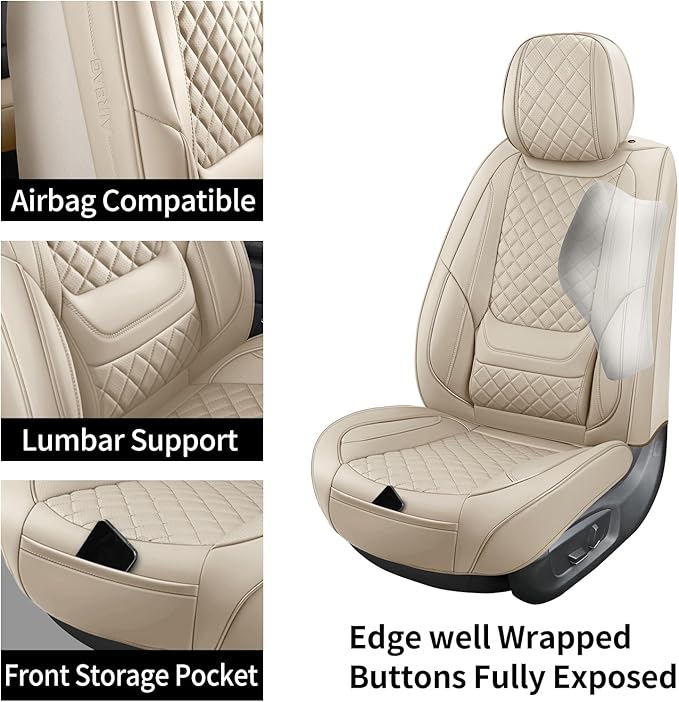 Leather Seat Covers for Cars Breathable Front Seat Covers Waterproof Seat Protectors Universal Fit for Most Automotive Cars SUV Trucks Van (Beige, Front Pair)
