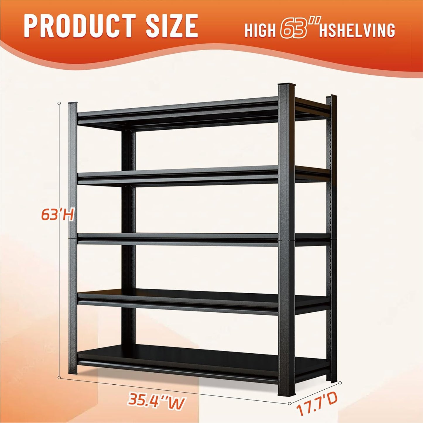 Heavy Duty 5-Tier Shelving Unit 2500LBS Capacity - Adjustable Steel Garage Shelves for Warehouse, Basement Storage(63''H x 35.4''W x 17.7''D)
