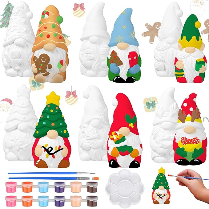 Eersida 6 Sets Christmas Gnome Ceramics to Paint Xmas Ready to Paint Your Own Ceramic Gnome Statues DIY Unpainted Ceramics Paintable Figurines Kit Crafts with Brush Palette
