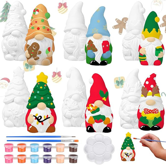 Eersida 6 Sets Christmas Gnome Ceramics to Paint Xmas Ready to Paint Your Own Ceramic Gnome Statues DIY Unpainted Ceramics Paintable Figurines Kit Crafts with Brush Palette