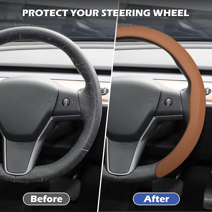 frani Nappa Leather Steering Wheel Cover, Universal 15 Inch Premium Non-Slip Steering Wheel Cover Camel Brown