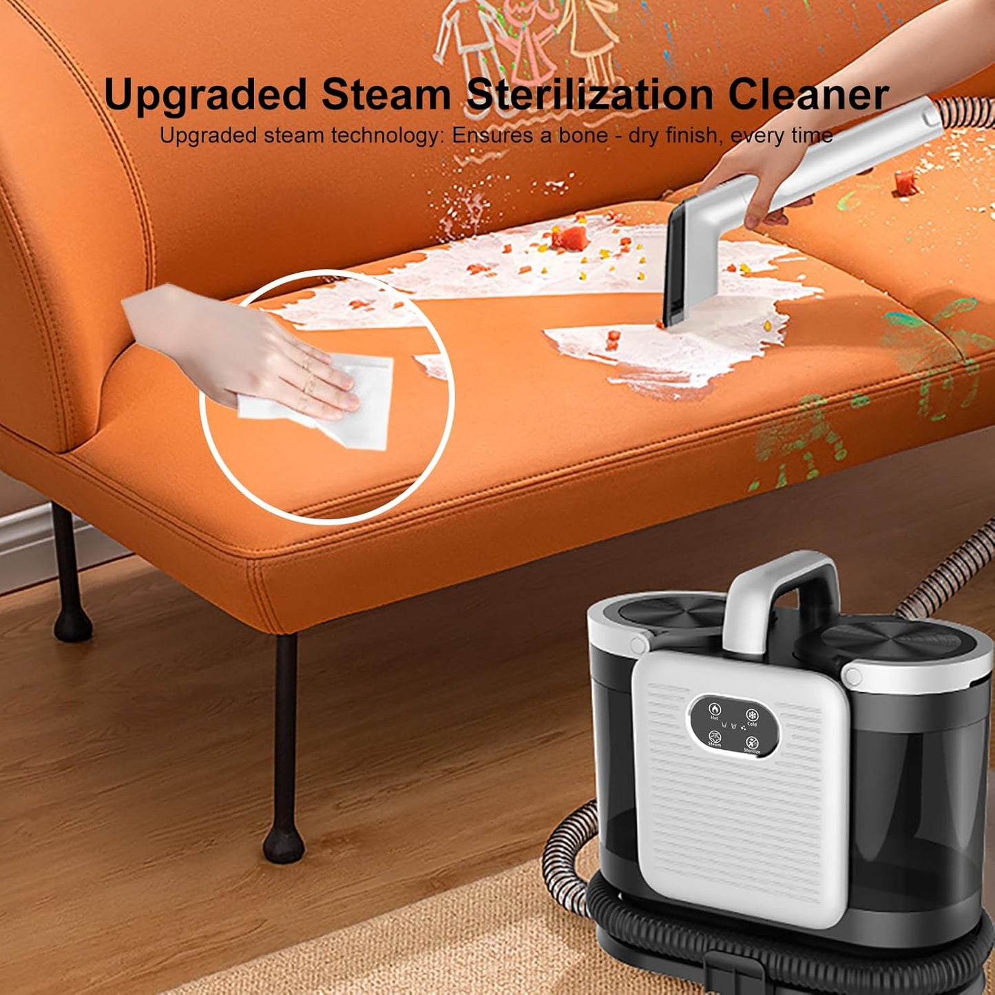 Upholstery Steam Cleaner for Couch & Furniture – 1650W 15KPa Powerful Suction Portable Carpet Spot Cleaner Machine with 4 Cleaning Modes, Ideal for Sofa, Car Seat, Rug, Mattress & Pet Stains, Black