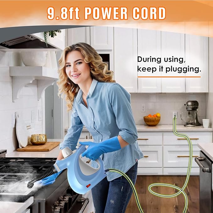 Pressurized Handheld Multi-Surface Natural Steam Cleaner with 12 pcs Accessories, Multi-Purpose Steamer for Home Use, Steamer for Cleaning Floor, Upholstery, Grout and Car (Blue)