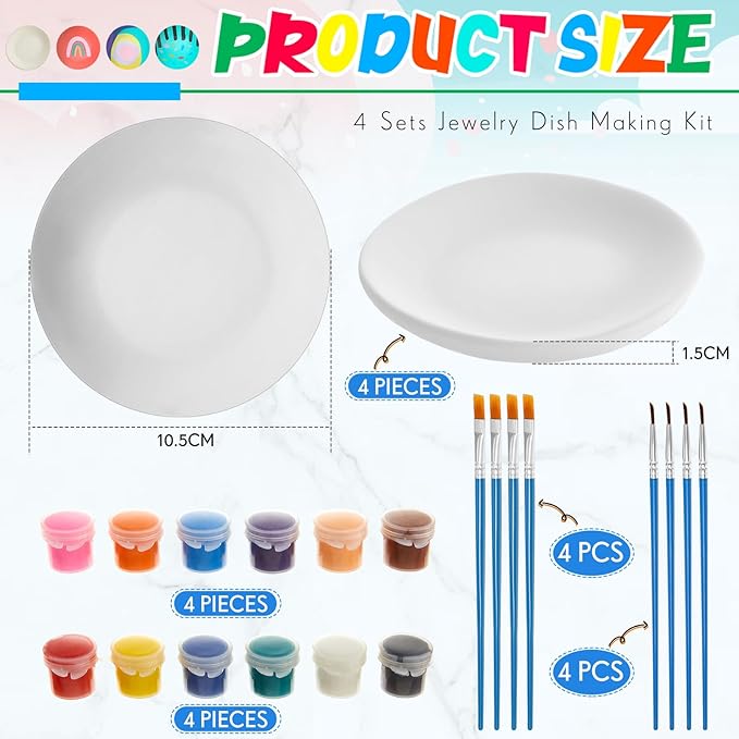 4 Sets Jewelry Dish Making Kit DIY Paint Your Own Ceramic Arts and Crafts Kit Make Your Own Jewelry Bowls Gifts for Birthday Gift Ideas (Round Plate)