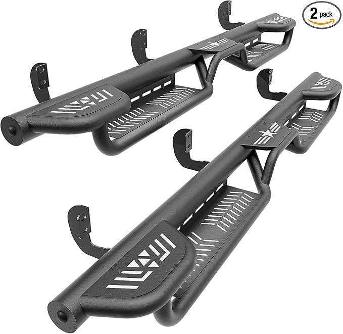 Three Raised Steps Running Boards Side Steps Compatible with 2005-2025 Nissan Frontier Crew Cab (4 Full Size Doors), Two Stairs Design Bolt-on Side Rails Step Nerf Bar (Black Powder Coated)