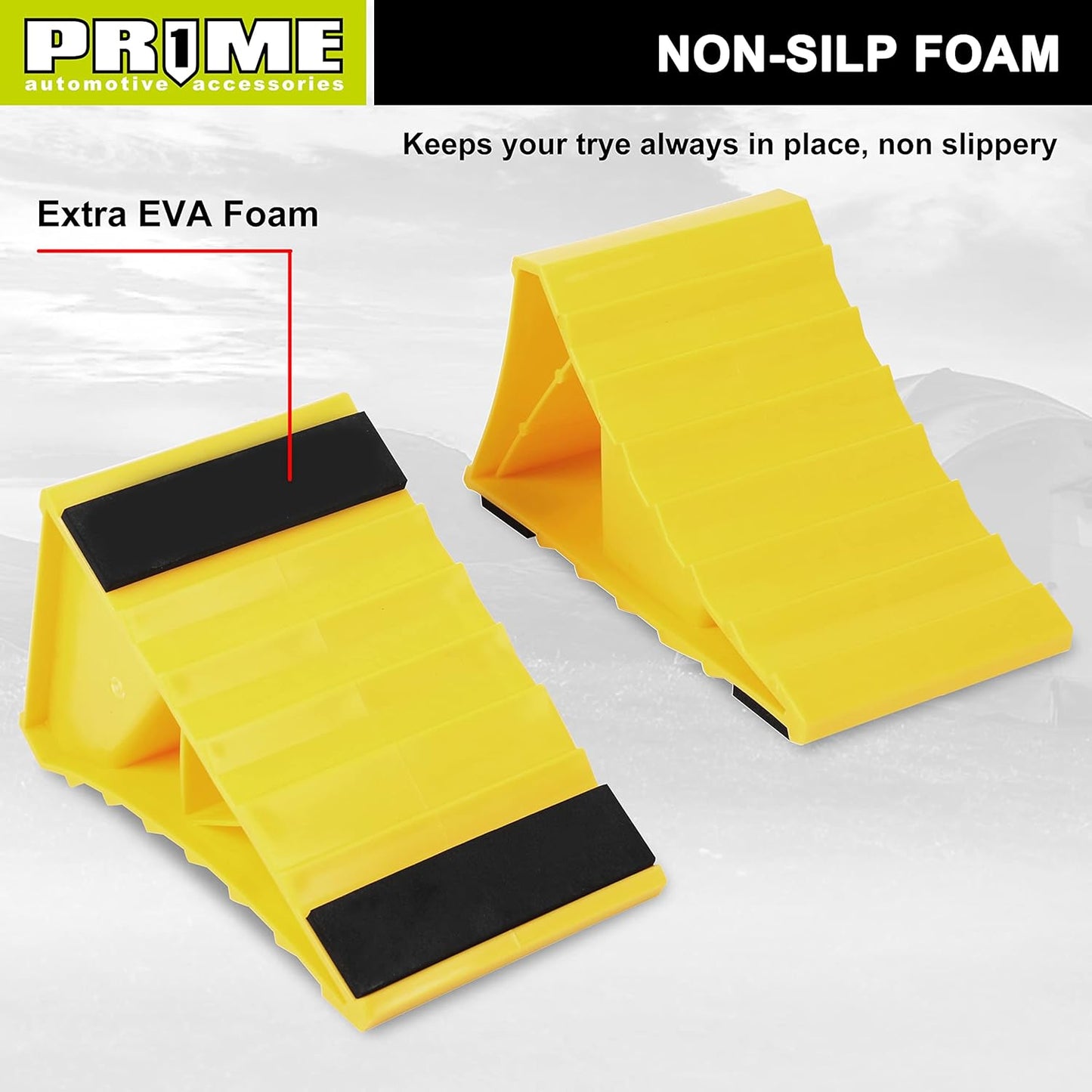 PR1ME Wheel Chocks with Non-Slip Base for RV & Trailer. 2 Pack Heavy Duty Wheel Chock with Bright Yellow. Lightweight Wheel Stoppers for Cars Camper Trucks RVs, Fit for Most Tyre Sizes