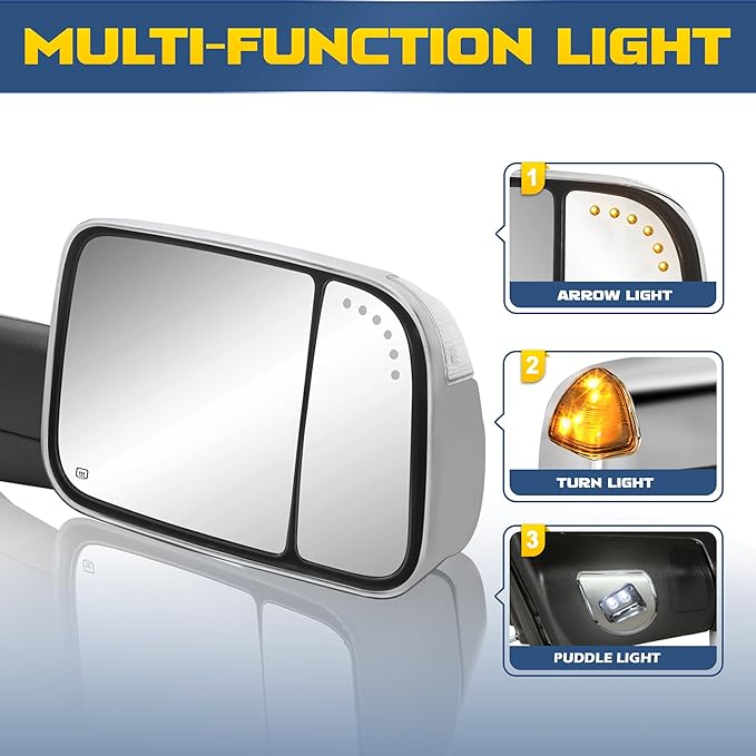 Pair Power Heated Towing Mirrors Compatible with 2009-2018 Dodge Ram 1500 2500 3500/2019-2024 Ram 1500 Classic w/Arrow Turn Signal Light,Temperature Sensor Side Mirrors (Chrome)