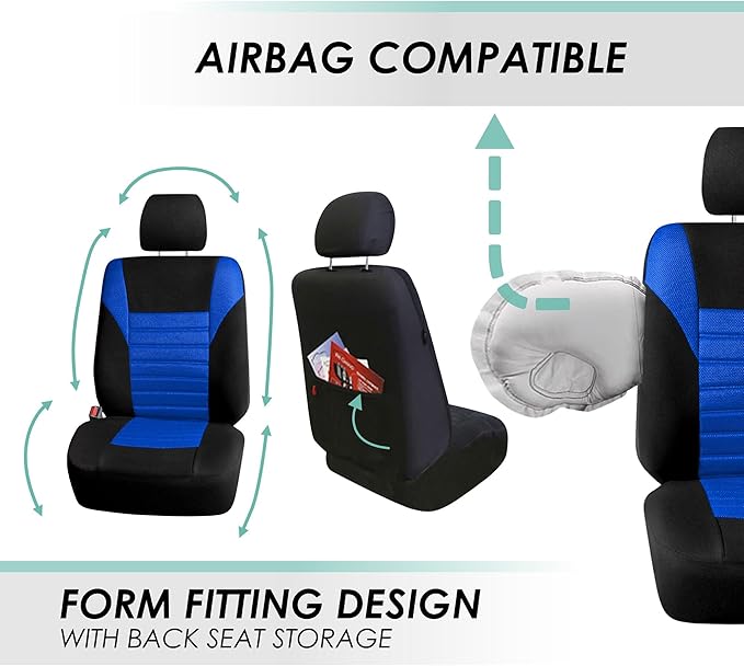 FH Group Automotive Car Seat Covers Front Set Premium 3D Air Mesh Front Seat Covers, Airbag Compatible Universal Fit Interior Accessories for Cars Trucks and SUVs - Blue