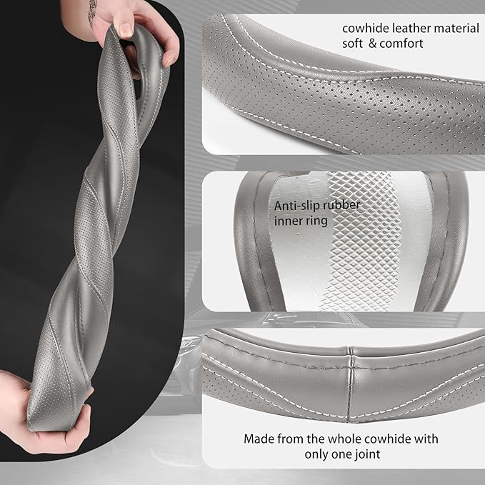 High-Grade Gray Genuine Leather Steering Wheel Cover for Men Women，Real Cowhide Leather Steering Wheel Cover for Cars,Universal 14.5-15 inch Steering Wheels