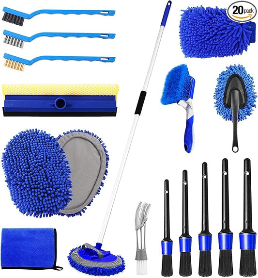 NIKCOSMK 62'' Car Wash Brush Kit - Mitt, Mop, Sponge & Long Handle, Scratch-Free Chenille Replacement Head, Wheel Tire Brush, Car Detailing Kit for Cars, RV, Truck