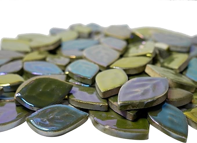 1.1LB Random Iridescent Leaves Ceramics Mosaic Tiles, Making Creative 3 Size Ceramic Mosaic Pieces for DIY Craft,Flowerpots, Vases, Cups, Garden Decor Mosaic Making Supplies (Deep Green)