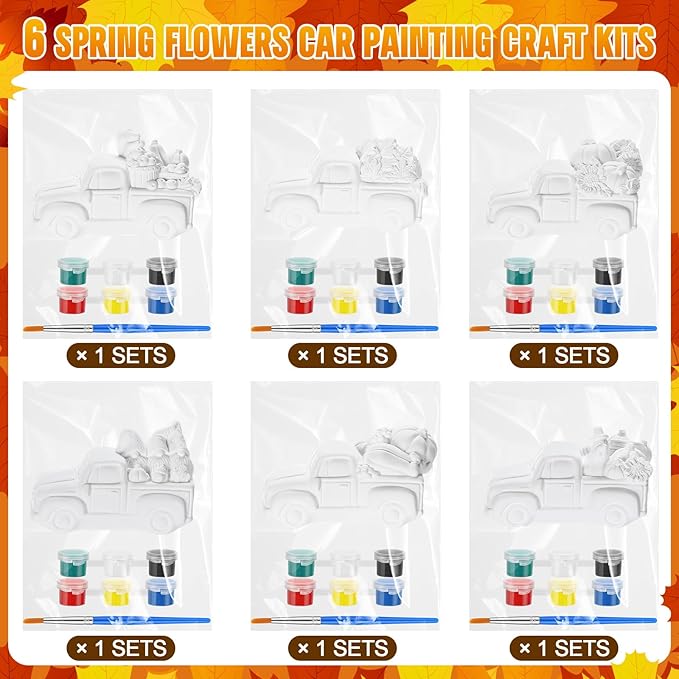 JellyArch 6 Set Fall Thanksgiving DIY Ceramic Painting Kit 3D Ready to Paint Your Own Truck with Pumpkins Turkey Maple Leaf Statues Unpainted Plaster Craft with Brush Paint Bag for Adult
