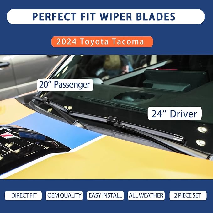 Windshield Wiper Blades for 2024 2025 Toyota Tacoma - Front Set (24"+20") Premium All-Season Beam Wipers