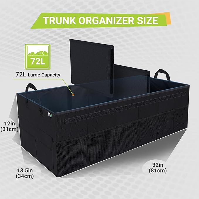 MIU COLOR Trunk Organizer with Lid, 72L Large Capacity Car Organizer, 12 Pockets with Non-Slip Bottom, Collapsible 3 Compartments Car Storage Organizer for Suv/Jeep/Sedan/Van/Grocery, Black