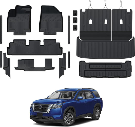 Floor Mats Set for 2022-2025 Nissan Pathfinder 7/8 Seats Accessories, Full Coverage All Weather Floor Mats Cargo Mat with Backrest Protectors - Includes Trunk Lower Mat & Door Sill Guards