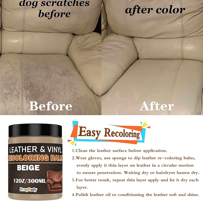 Beige Leather Repair Kit Furniture Vinyl Car Interior Steering Wheel Car Seats Color Restorer Cream Leather Recoloring Balm Fade Better Couch Conditioner Scratch Stain Remover Dye Paint Sofa Fabric