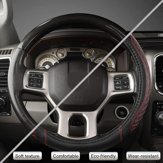 West Llama Customized Auto Car Steering Wheel Cover for Dodge 1989-2011 RAM 1500 2500 3500, Charger, Durango, Challenger (Diamond Quilted-Black+Red-Standard Size)