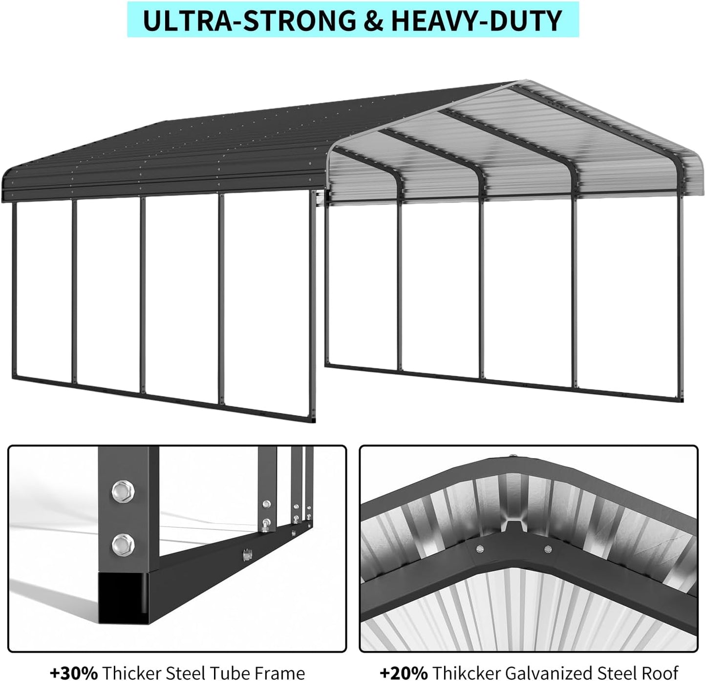 12x20 FT Metal Carport, Heavy Duty Car Port Canopy with Galvanized Steel Roof & Frame, Large Metal Carport Kit, Outdoor Car Garage, Steel Car Shelter for Car, Boat, Truck, Black