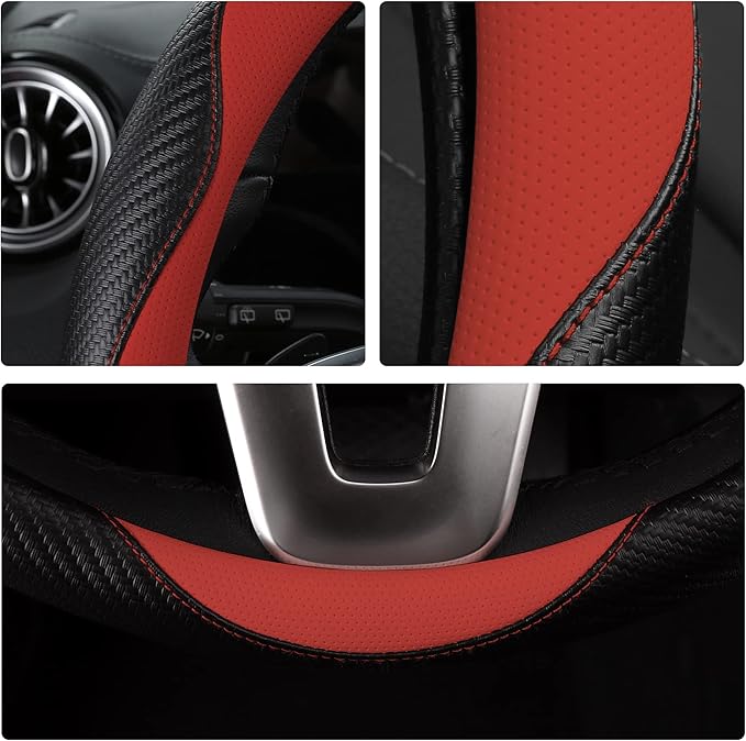 Car Steering Wheel Covers for Women Girl Padded Carbon Fiber PU Leather Cute Cartoon Auto Interior Accessories for Jeep, Truck, Universal, Anti Slip, Red, Large Size 15.5-16"(39-41cm)