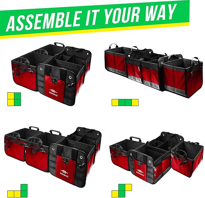 Extra Large Car Trunk Organizer for SUV - Trunk Storage - Modular Configurable Detachable Collapsible - Minivan Truck Sedan Van - 4 Compartment XXL, Red
