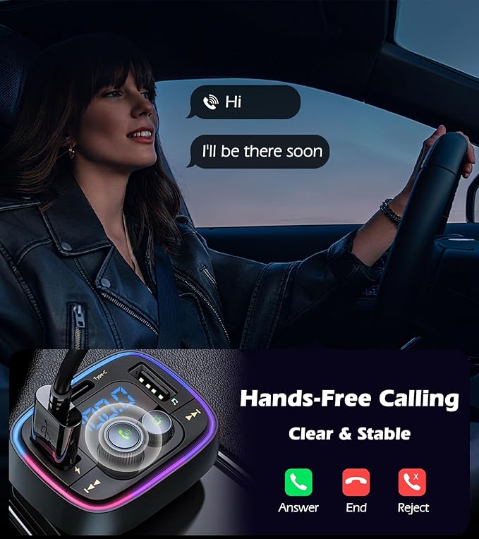 LIHAN USB C Bluetooth Car Adapter, AUX Wireless FM Radio Transmitter, Hands-Free Calling & Audio Receiver, MP3 Music Player, QC3.0 & Type-C PD Fast Charging,7 Colors LED Backlit, Support USB/TF Drive