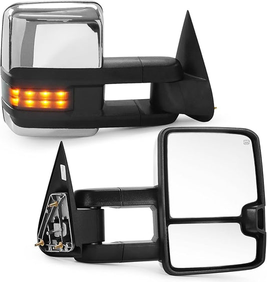 Towing Mirrors Replacement Fit for 2003-2006 Chevy Silverado/GMC Sierra 1500 2500 HD 3500 (2007 for Classic Models) Chrome Power Heated Amber Turn Signal Clearance Lamp Pair Set