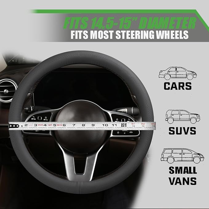 Genuine Leather Steering Wheel Cover for Men Women with Upgraded Silicone Inner Ring, Thin, Non-Slip, Breathable, Odorless, Universal 14.5-15 Inch (Pure Grey, Genuine Leather)